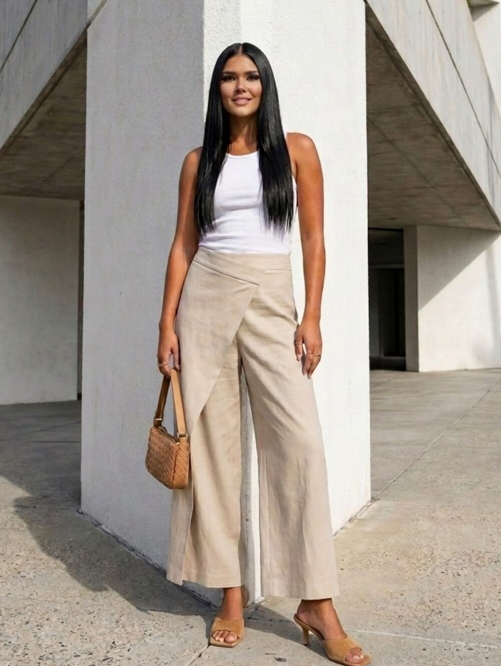 Zara Crossover Waist Natural Linen Blend Pants